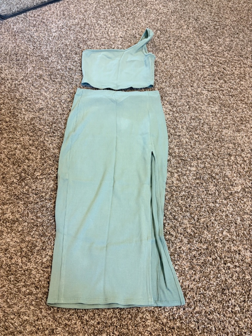 One-Shoulder Mint Green Ribbed Two-Piece Dress Set